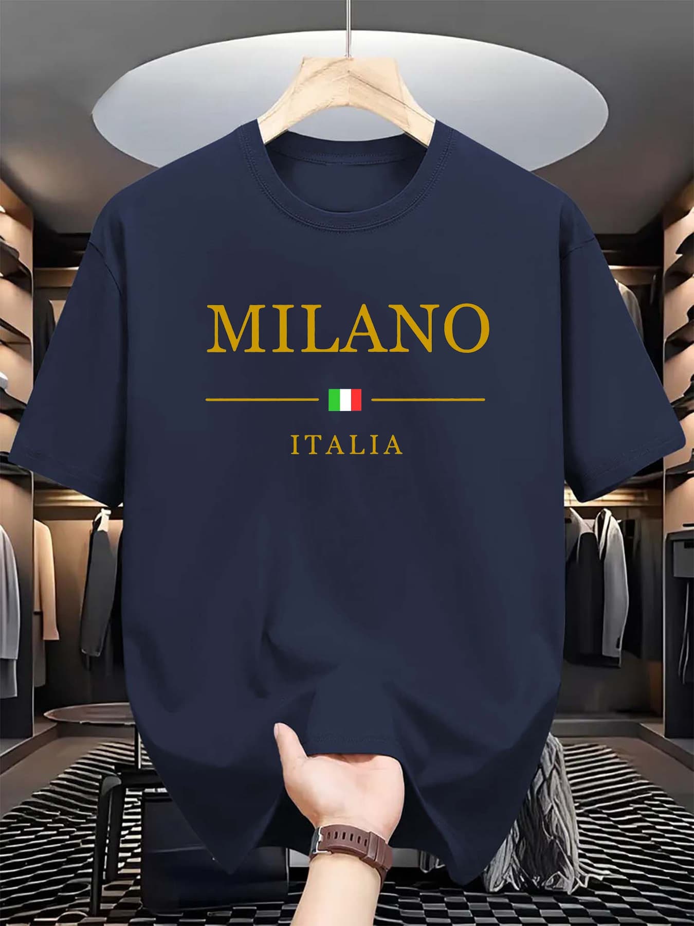 100% Pure Cotton Men's Summer Fashion Short Sleeved MILANO Pattern Printed Casual Slim Fit Versatile T-shirt Top