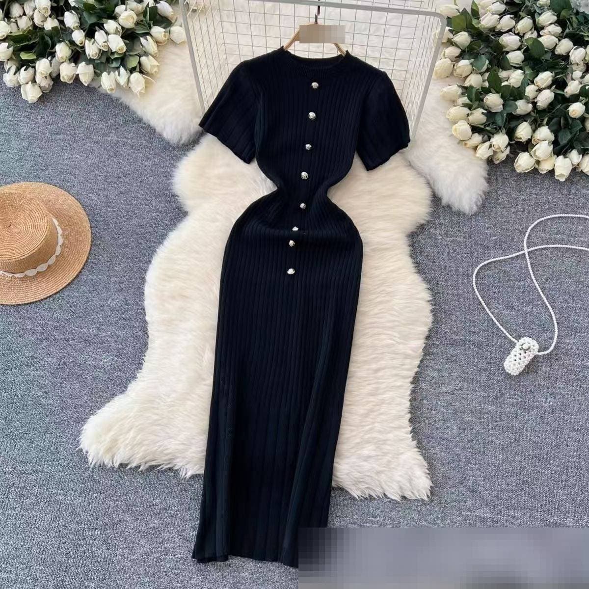 Women's Clothing Summer Knit Dress Round Neck Short Sleeve Bodycon American Style Thin Suitable For Summer Regular Size