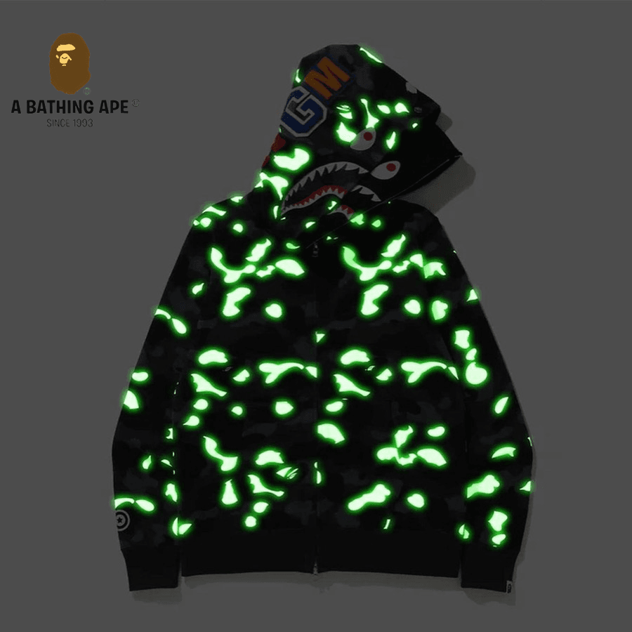 A BATHING APE ABC CAMO High Quality Pure Cotton Version Luminous Spots SHARK FULL ZIP HOODIE MENS AND WOMEN