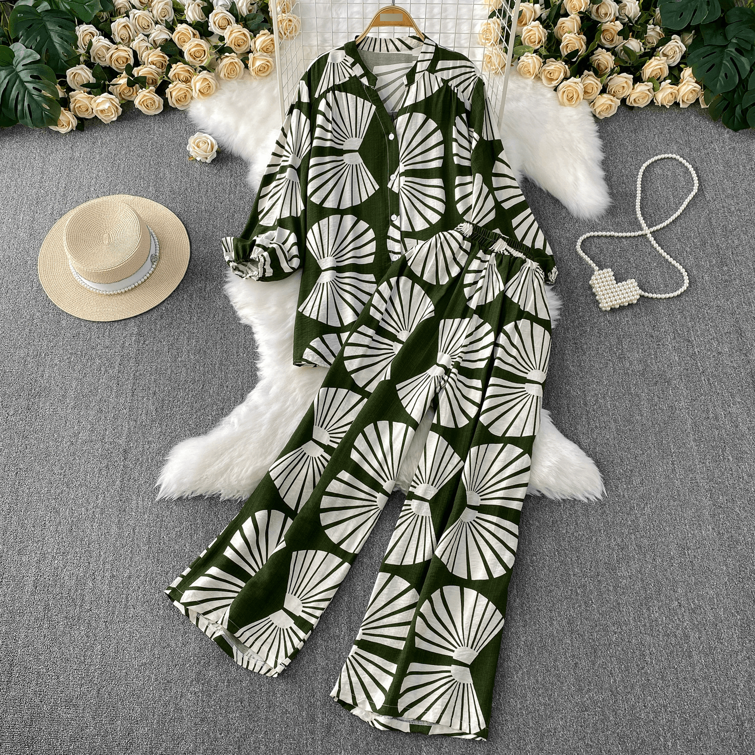 Fashion Suit For Women In Summer Design Of Printed Bubble Long Sleeved Shirt + High Waist Slim Wide Leg Pants Two Piece Suit