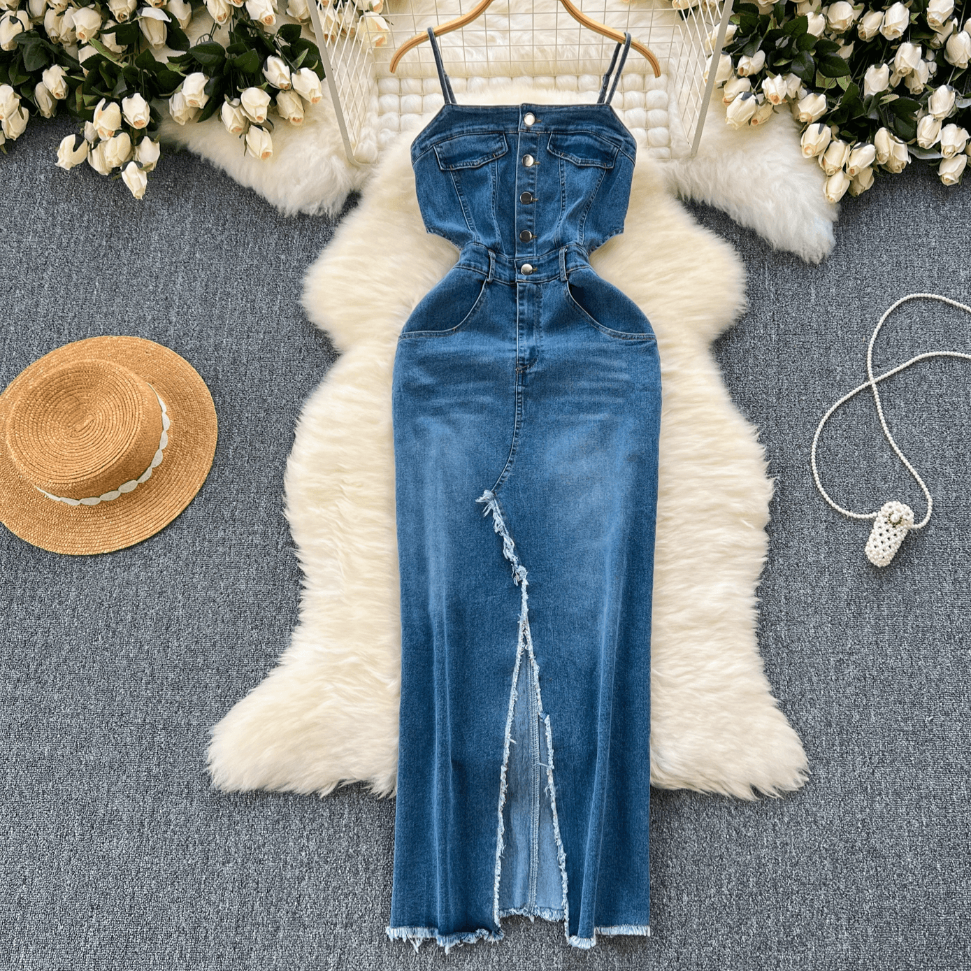 Women's Clothing Retro Denim Skirt Design Raw Edge Slit Slim Fit Medium And Long Suspender Dress Women's Summer Wear