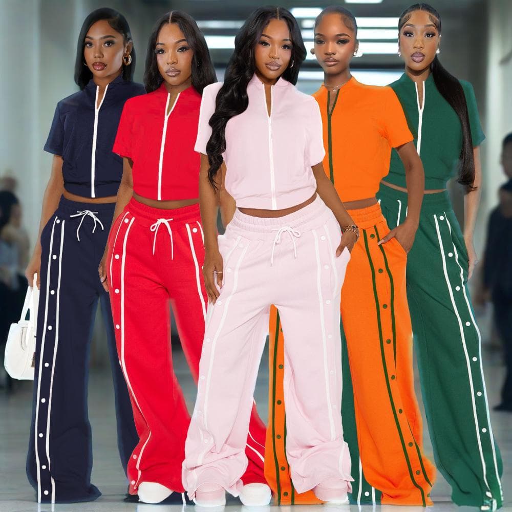 Women's Streetwear Jogger Pants Set High Waist Loose Fit Wide Leg Trousers With Pockets & Zip Detail, 2-Piece Outfit (S-XXL, Multiple Colors)