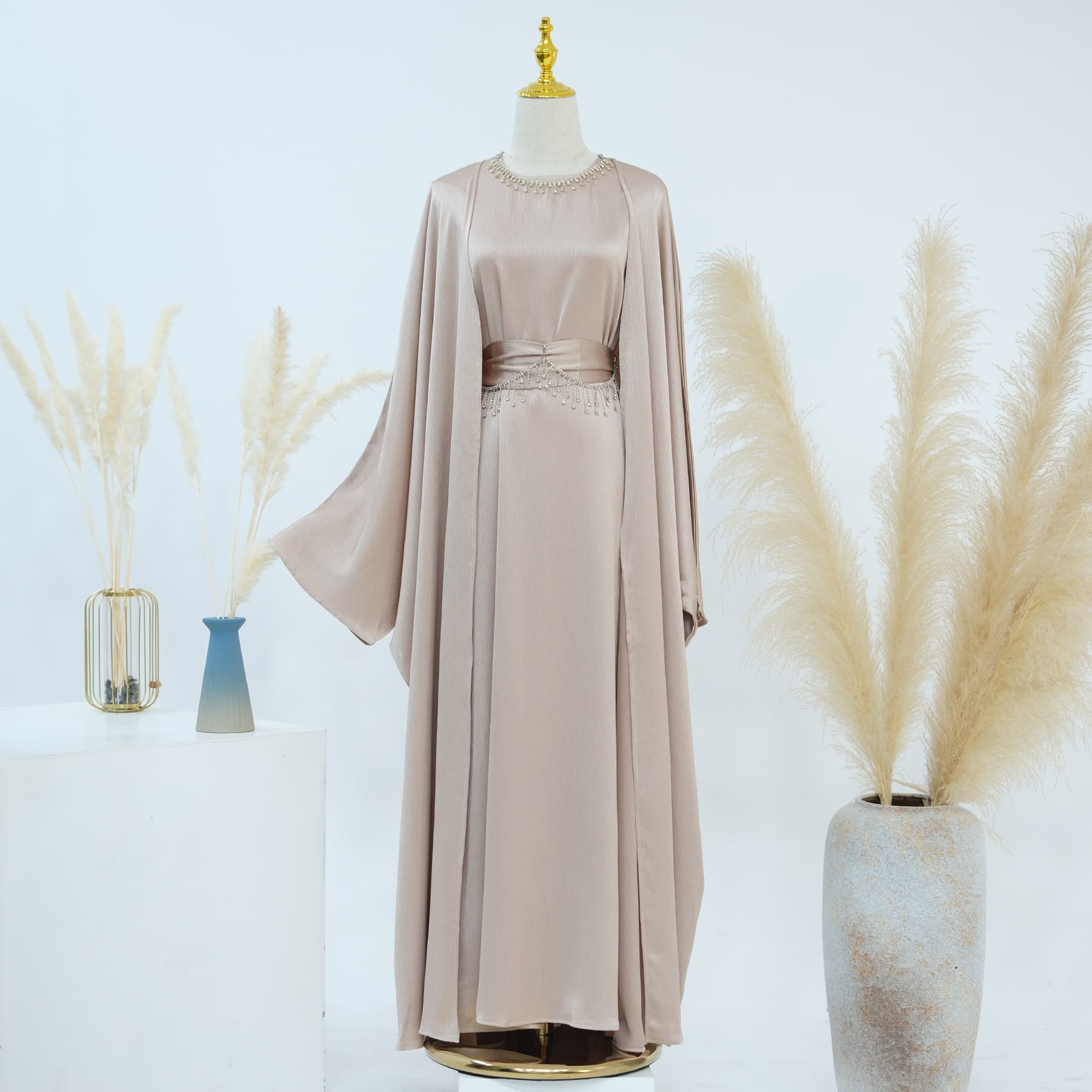Women's Clothing Crystal Chain Embroidered Maxi Dress – V-Neck Flowy Dress With Princess Sleeves (One Size, Crystal Chains)​​