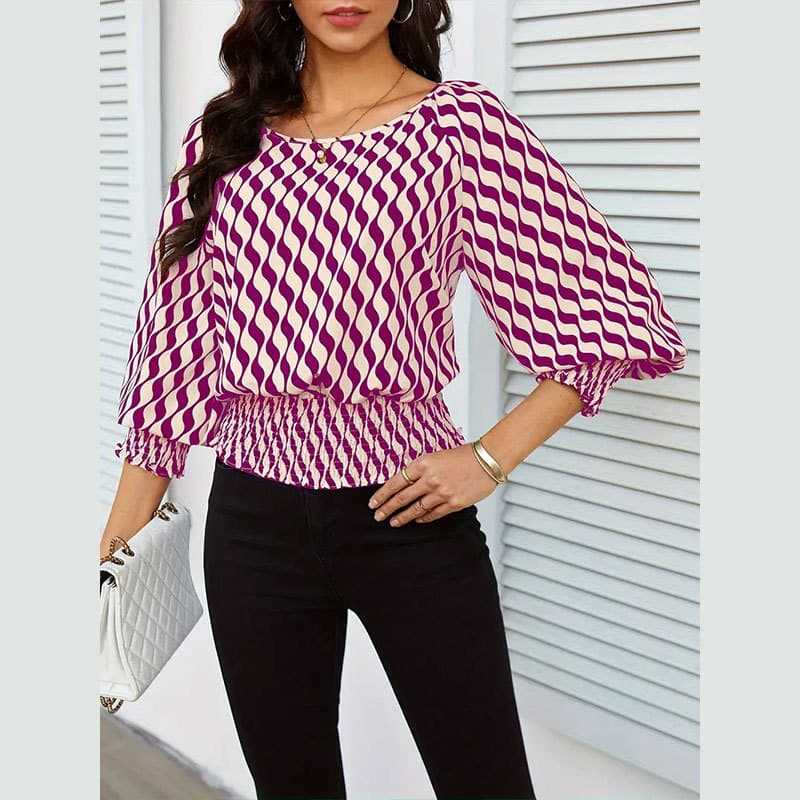 Women's Clothing spring women's clothing lantern sleeve tops women's waist short contrast color printing long-sleeved T-shirt women