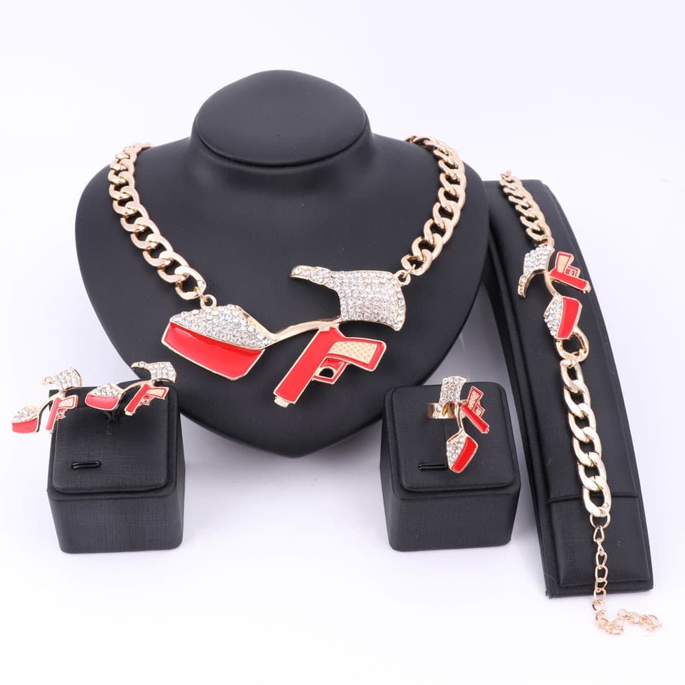Fashion Hip Hop Red Enamel Crystal Pistol High-heeled Shoes Pendant Party Gift Necklace Bracelet Earring Ring