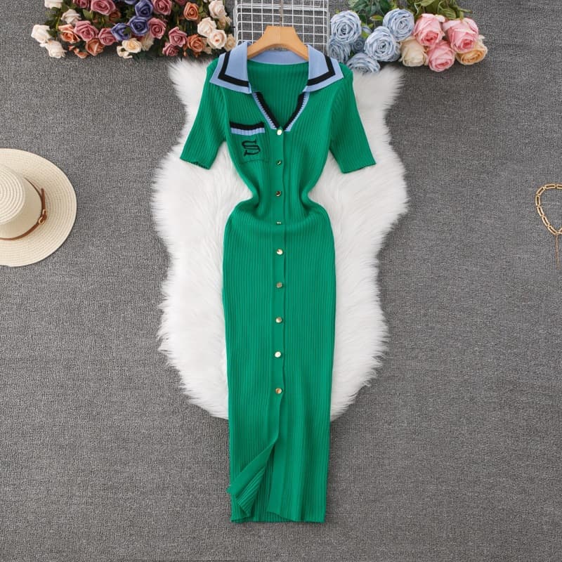 Robe pull à col polo de couleur contrastée pour femmes, jupe longue à la mode avec poche sur la hanche, manches courtes, robe tricotée brodée