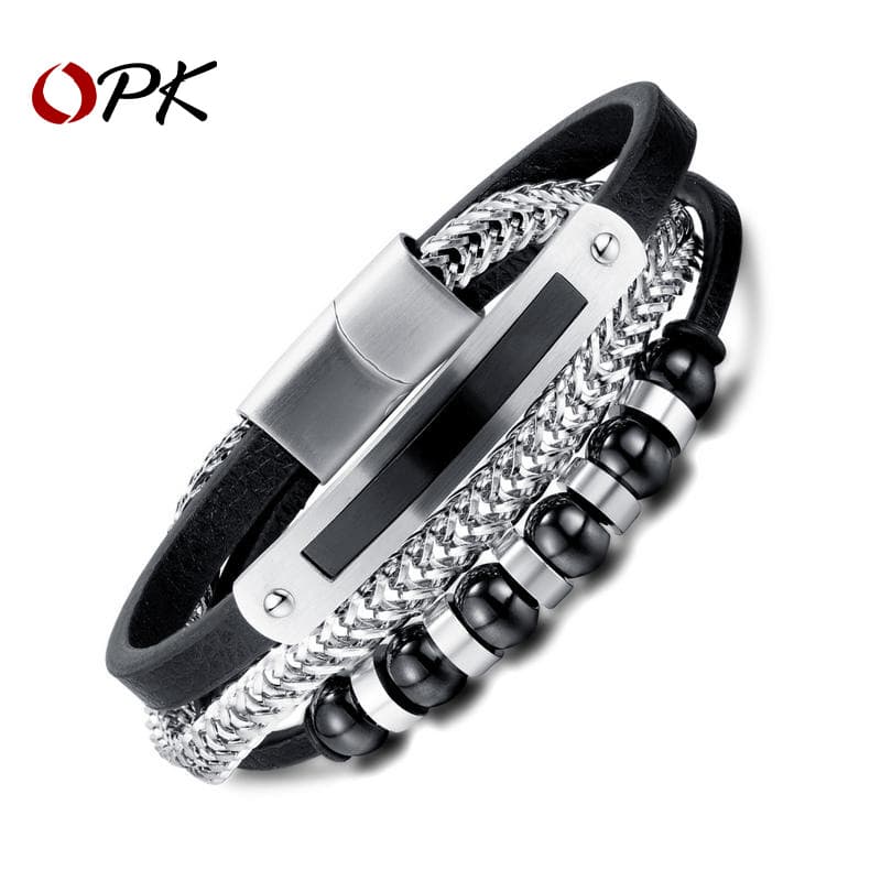 European and American Handmade Trendy Men's Black Asymmetrical Magnetic Buckle Leather Bracelet with Multi-layer Men's Woven Leather Bracelet