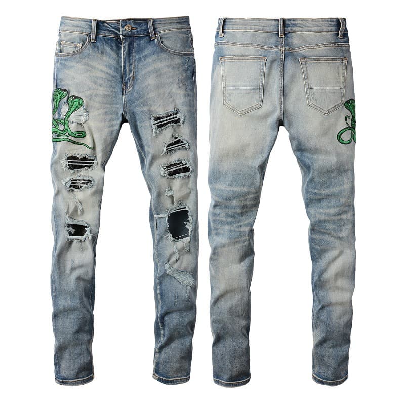 Men's Clothing European And American Trendy Brand Ripped Jeans Men's Embroidered Snake Pattern Snakeskin Patch Stretch Slim Men's Trousers 6561