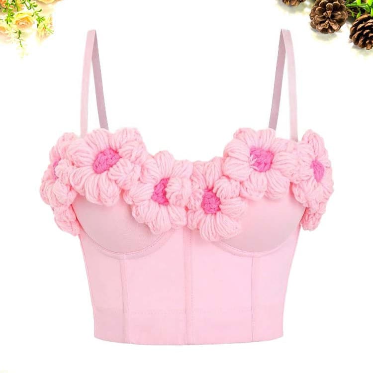 Women's Clothing Pink sweet girl knitted outerwear bra with crocheted floral decoration design inner wear with coasters and herringbone bra straps