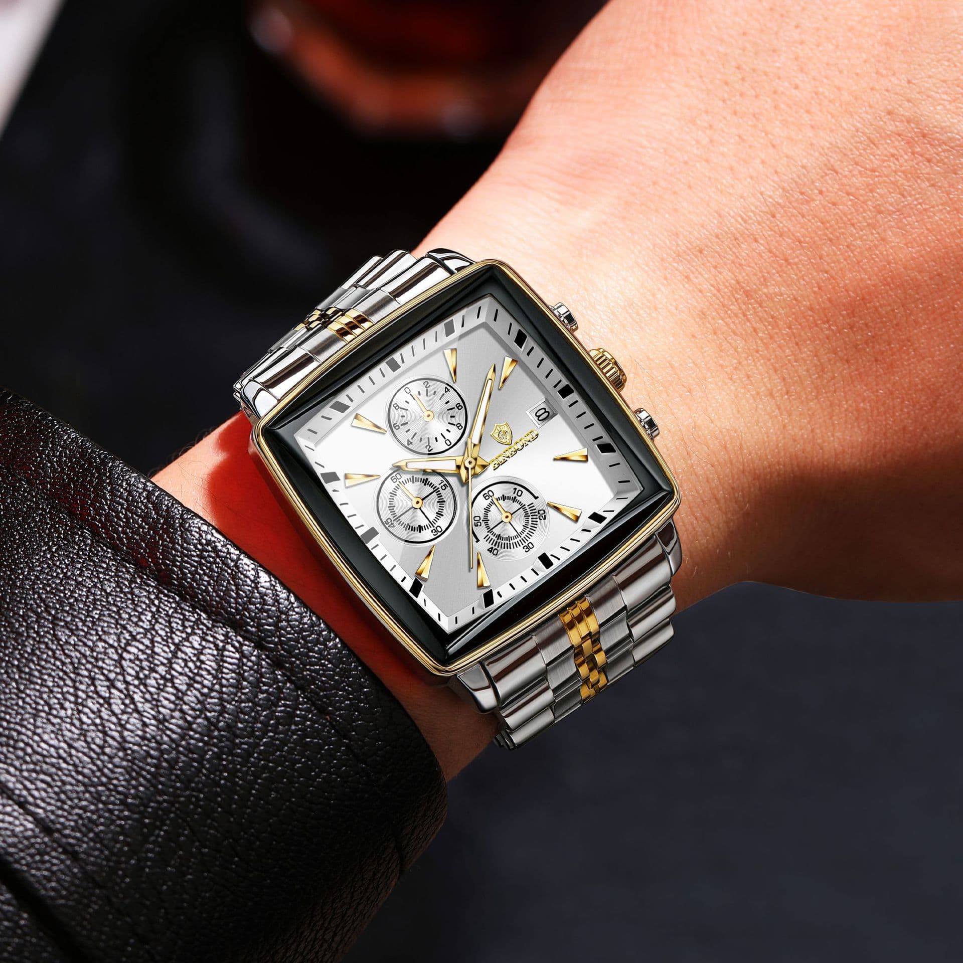 Montre homme en acier inoxydable à quartz avec petite seconde, affichage de la date et aiguilles lumineuses, cadran rectangulaire, style business décontracté.