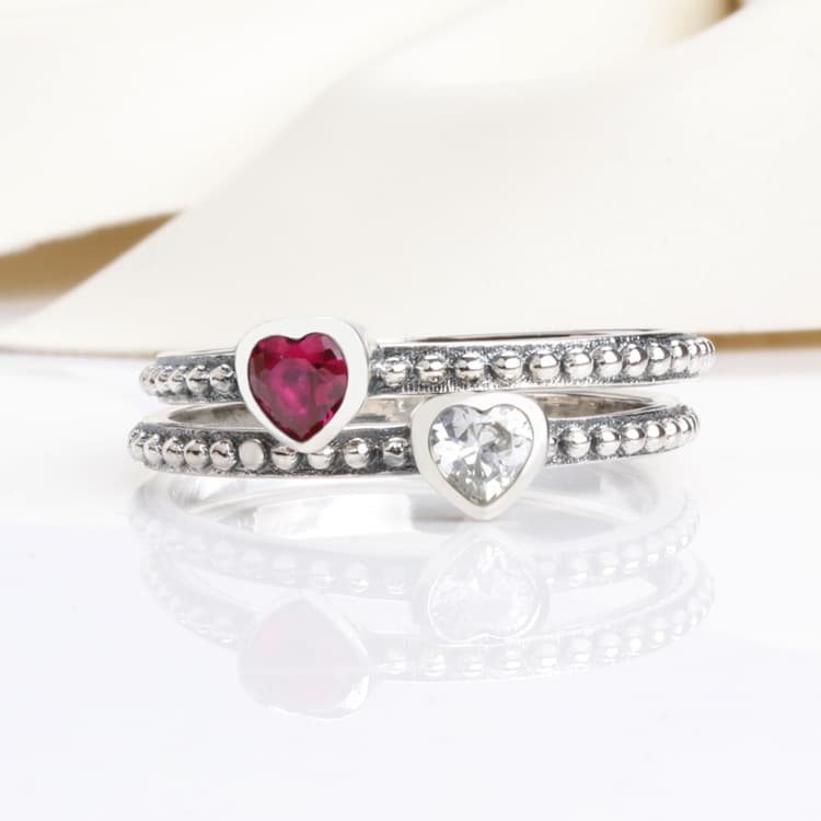 Silver Heart Ring White Copper Plated Gemstone Accents EU Sizes 50-60 Birthday Gift For Women