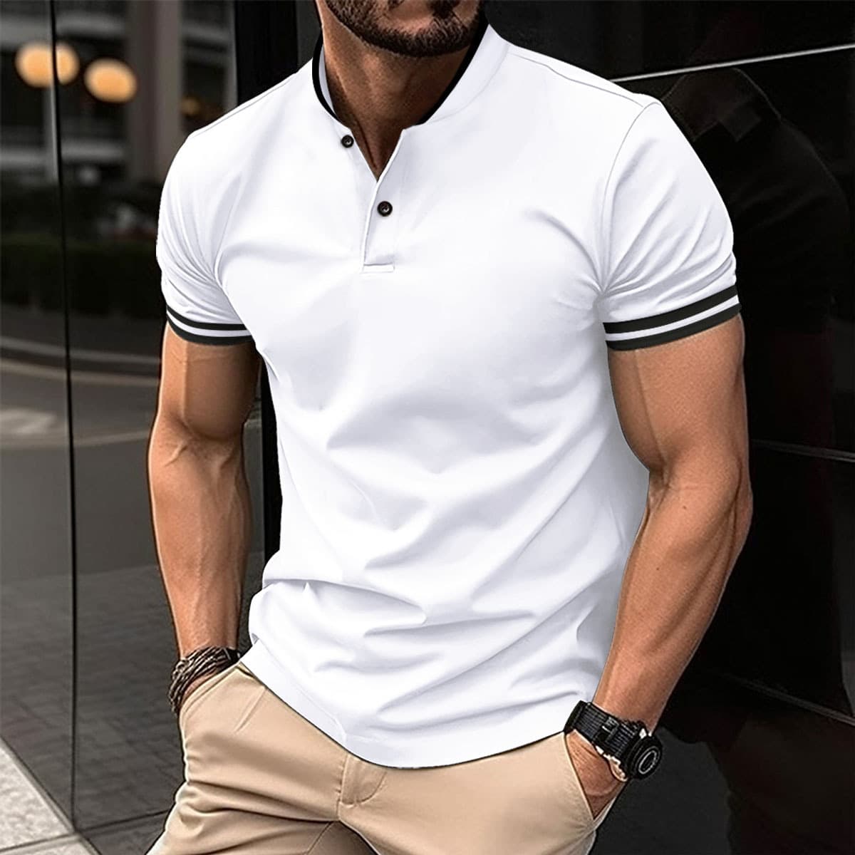 2025 New Men's Casual And Fashionable Solid Color Short Sleeved Stand Up Collar T-shirt Summer Versatile And Comfortable Top