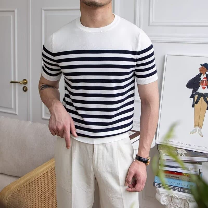 Men's Striped Polo Shirt Short Sleeve Knit Round Neck Summer Casual T-Shirt Loose Fit Breathable Comfortable For Daily Wear