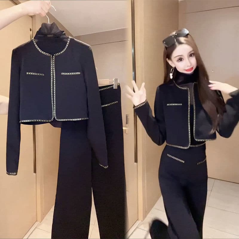 Women's Clothing Royal sister Xiaoxiang style suit for women 2024 autumn new style fashion design short jacket wide leg trousers two piece suit