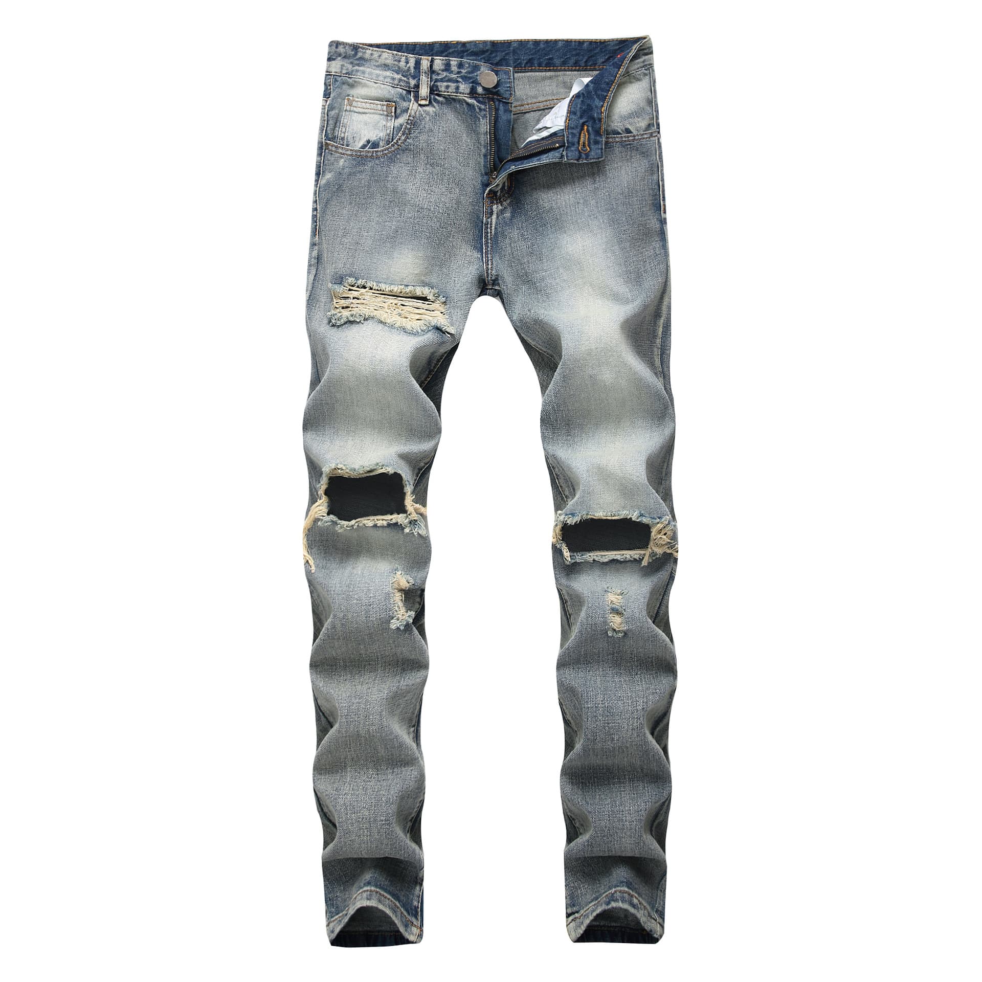 Men's Ripped Jeans Straight Slim Nostalgic Cotton Men's Denim Trousers