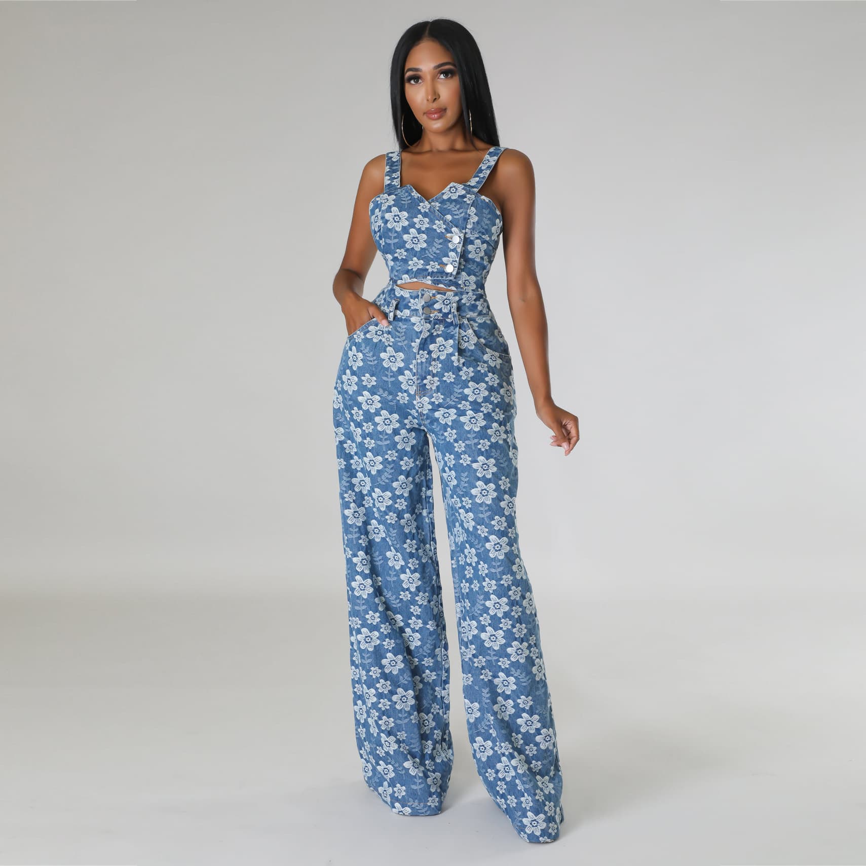 Women's Clothing Autumn And Winter Denim Jacquard Suit Nightclub Wrap Top Wide Leg Pants Suit