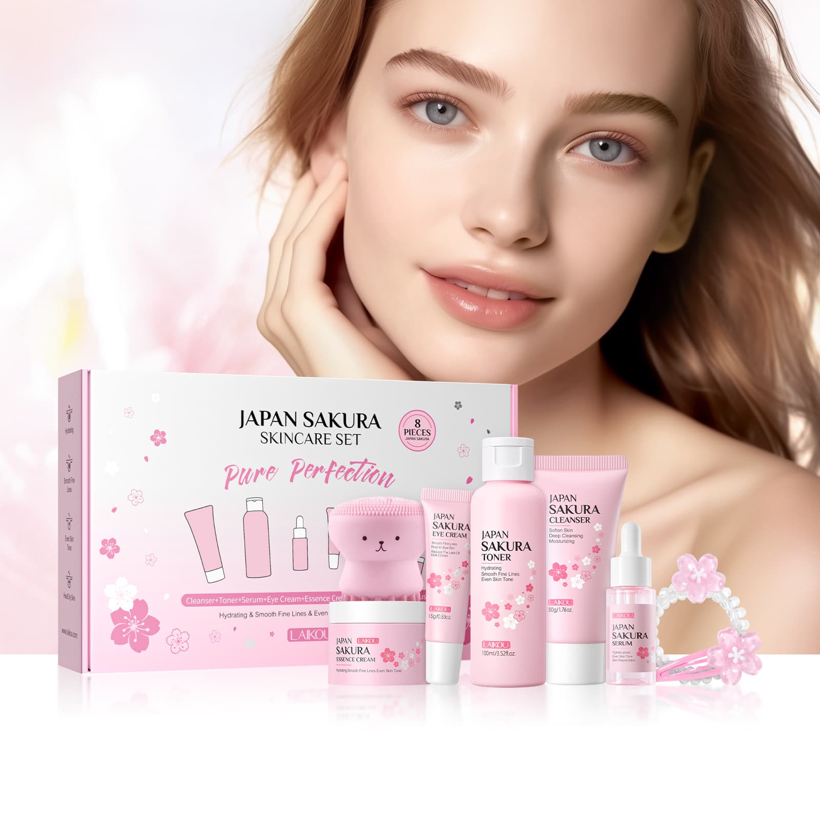 LAIKOU Cherry Blossom 8 Piece Birthday Gift Facial Skin Care Gift Box Manufacturer Skin Care Products In Stock