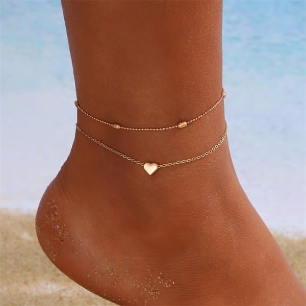 Simple Turkish Foot For Women, Double Layer Ankle Bracelets With Heart, Bohemian Beach Evening Barefoot Sandals, Jewelry By Girl's Beauty Lab