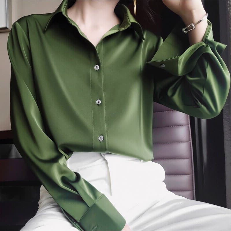 Women's fashion drop gloss satin satin imitation silk shirt
