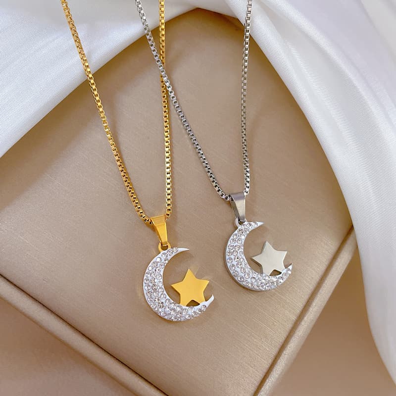 Stainless Steel Necklace Golden Moon Star Zircon Pendant Charm Clavicle Accessories For Women Gifts Jewelry