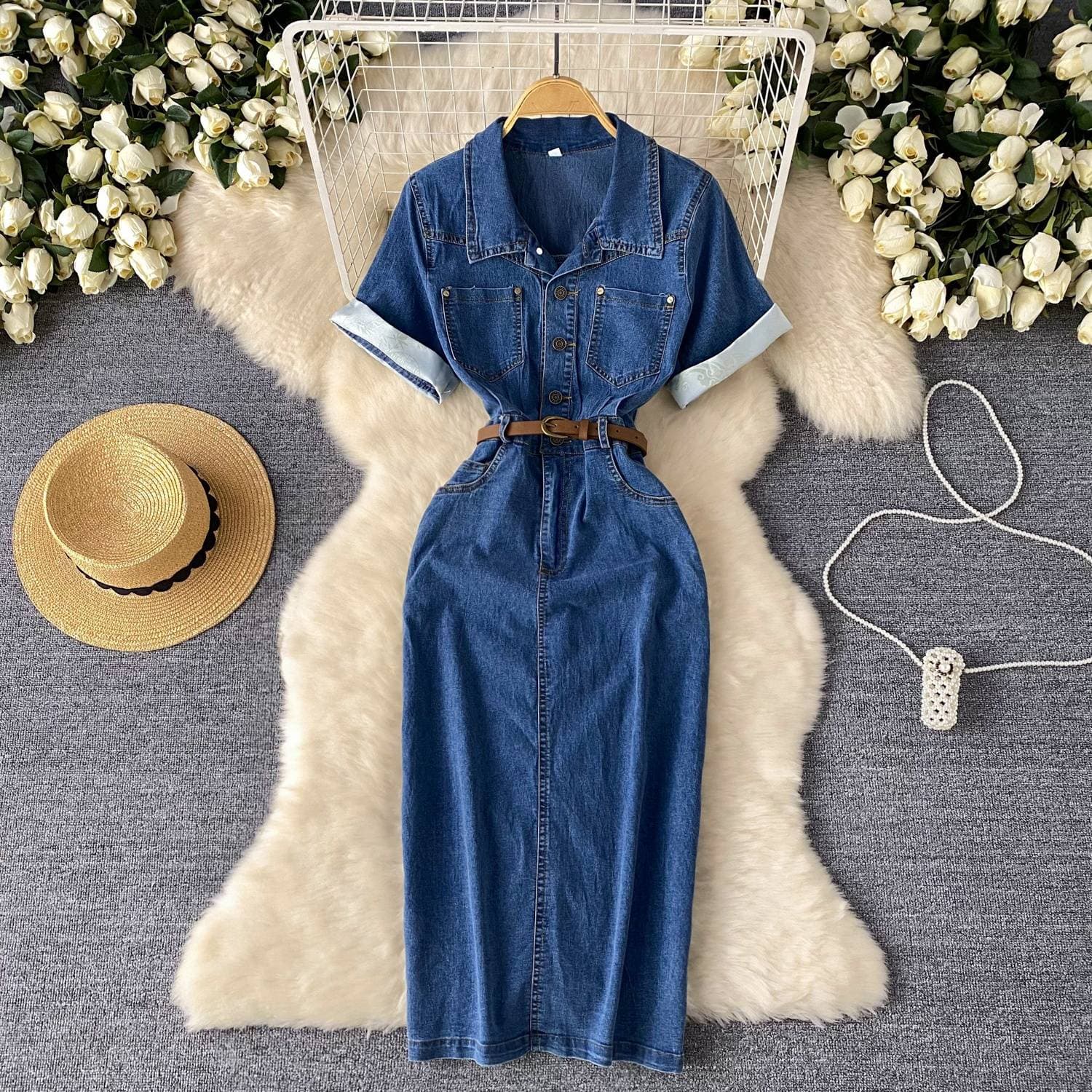 Women's Clothing Summer Belt Slim Split Design Temperament Long Skirt