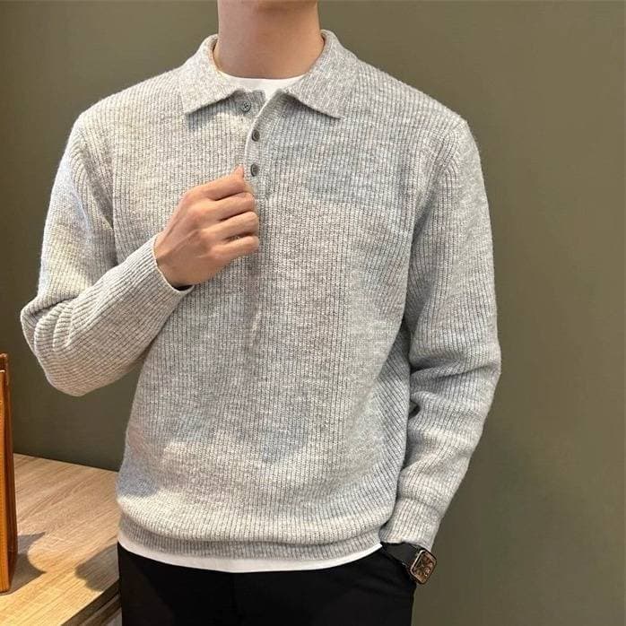 Minimalist Polo Knit Sweater - Men's Luxury Brushed Cotton Long Sleeve Pullover (Light Grey/Dark Grey) - Relaxed Fit Casual Wear For Spring & Autumn​