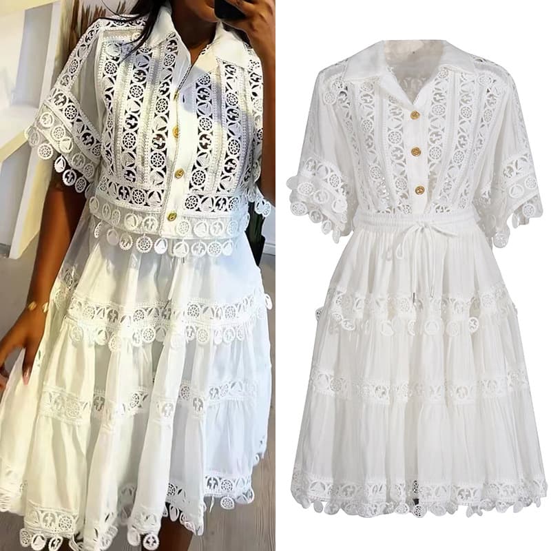 Women's Clothing Autumn Lapel Embroidered Lace Short Shirt With Elegant Skirt Suit