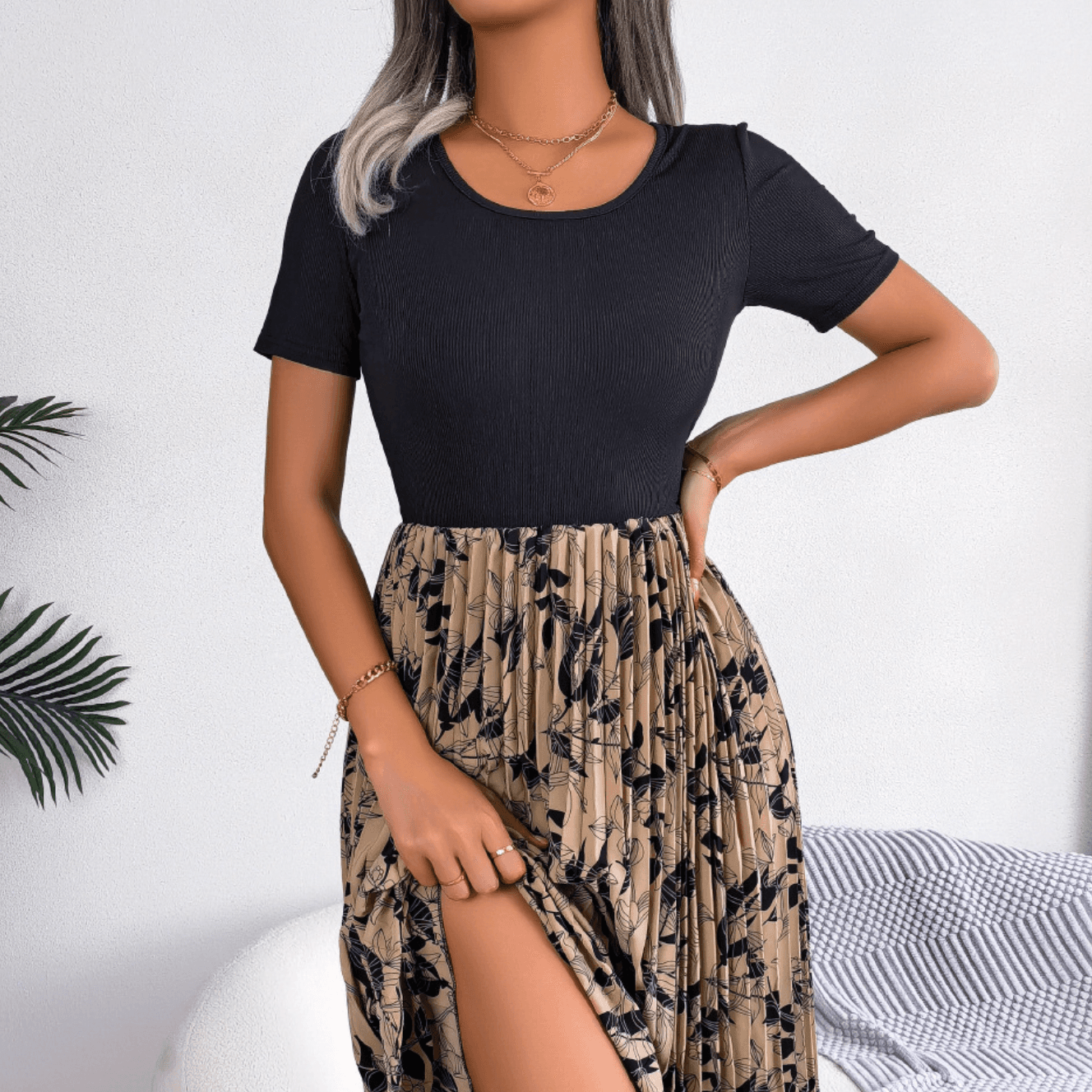 INS style spring and summer casual leaf high waist pleated mid length dress for women