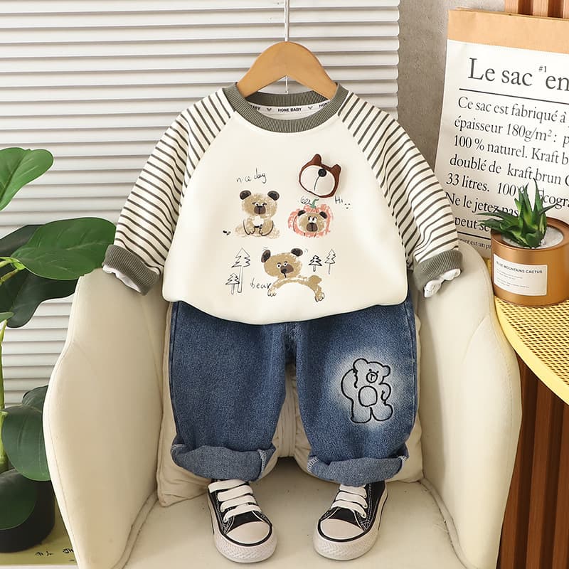 Boys' Naughty Bear Striped Two-Piece Outfit 2025 Spring And Autumn New Korean Style Cartoon Set For Children