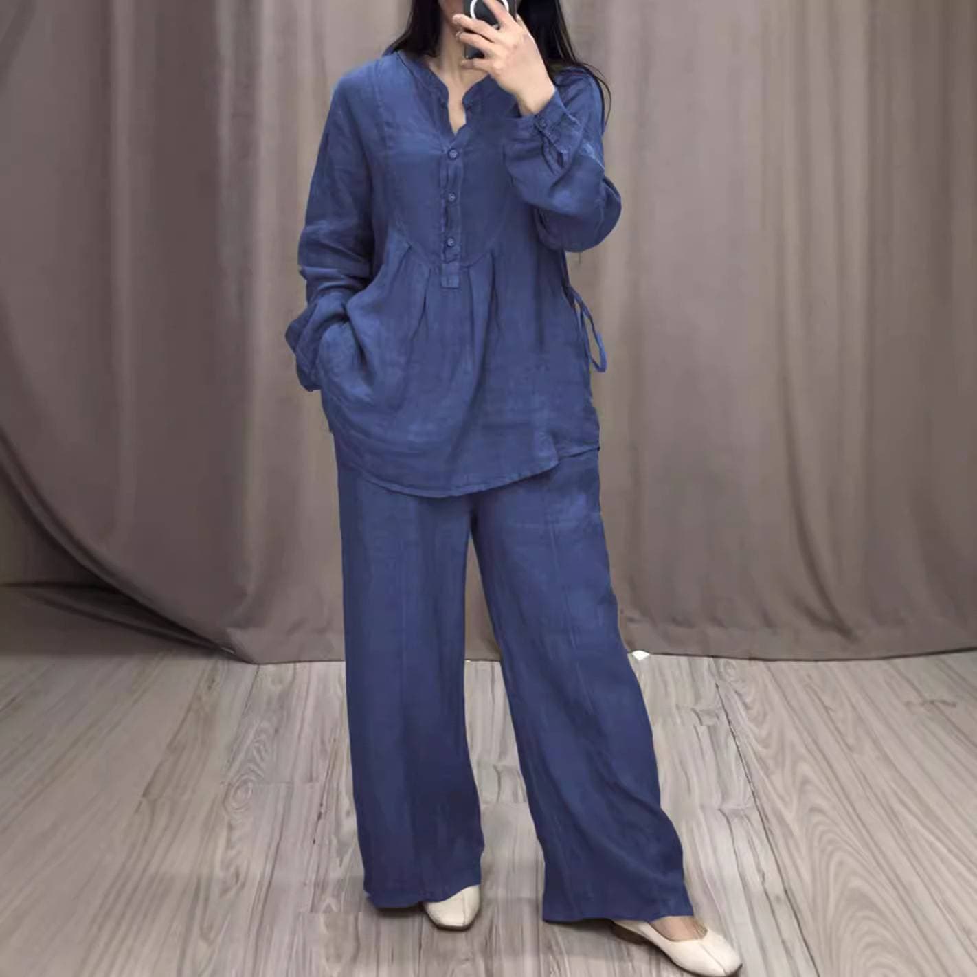 Women's Linen Casual Set - Long Sleeve Half-Button Top & Wide Leg Pants With Pleats