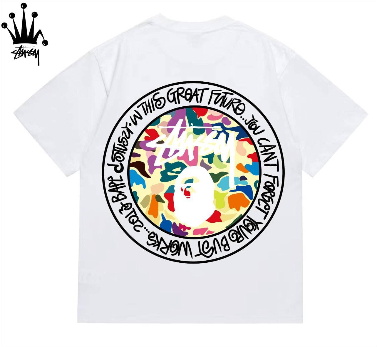 Stussy&Ape Collaboration Design With Circular Logo, Lettering, Ape Man Pattern, Printed Pure Cotton Short Sleeved T-shirt, Unisex
