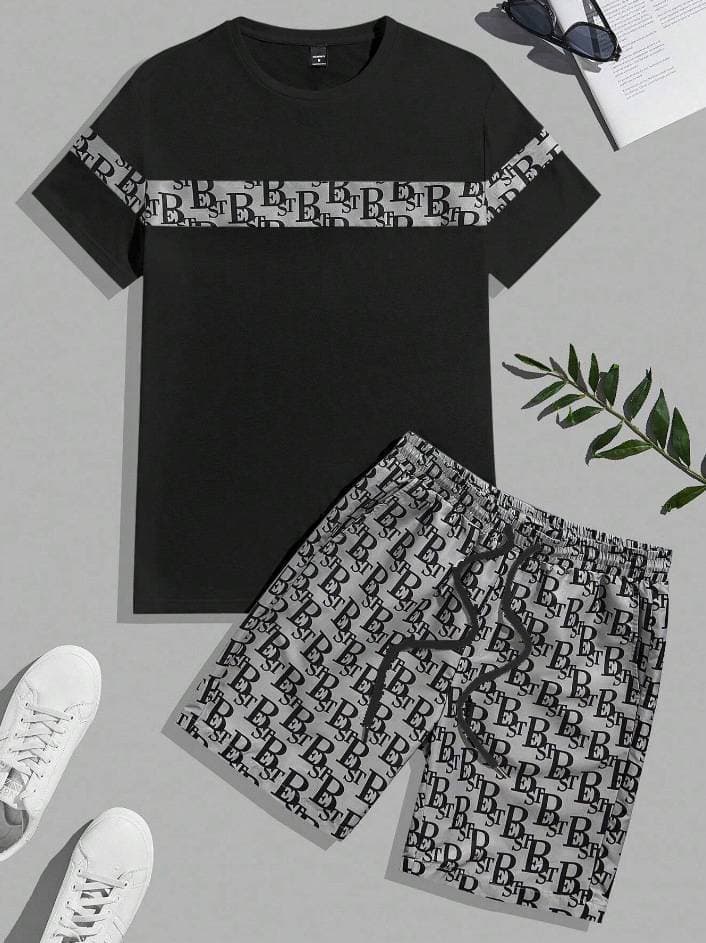 Men's Summer Trendy T-Shirt And Shorts Set Short-Sleeved Waffle Sports Casual Cotton Polyester Suit Gray Basic Fit