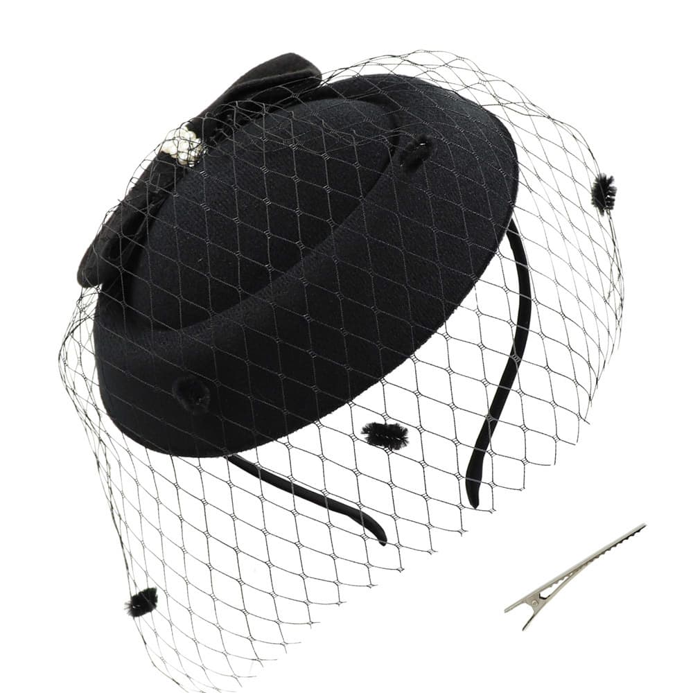 Bow pill box charming hat Women's Tea party wedding hat with veil Hairpin headband