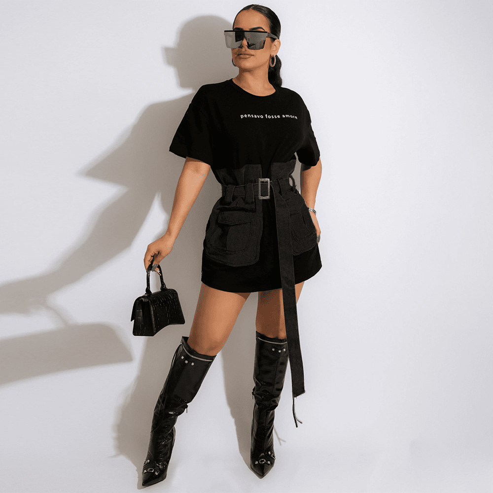 Women's Clothing Denim Splicing Dress Wholesale Summer Waist Tightening
