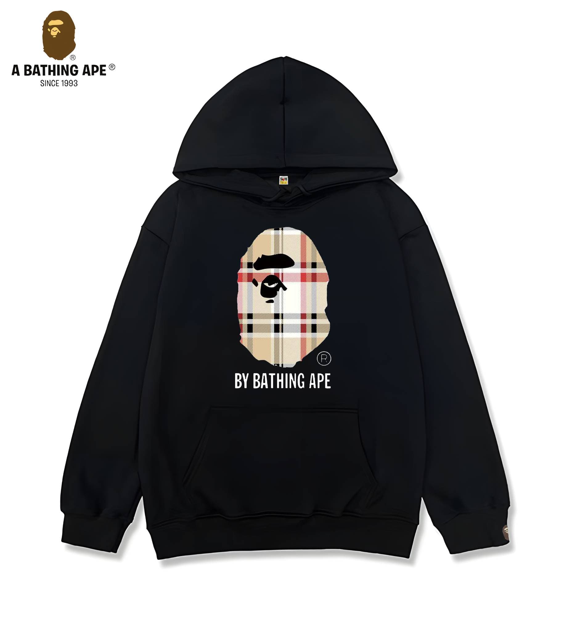 A Bathing APE BAPE-BAPE&BB Checkered Striped Monkey Head Letter Print High-quality Pure Cotton Hooded Sweatshirt Unisex