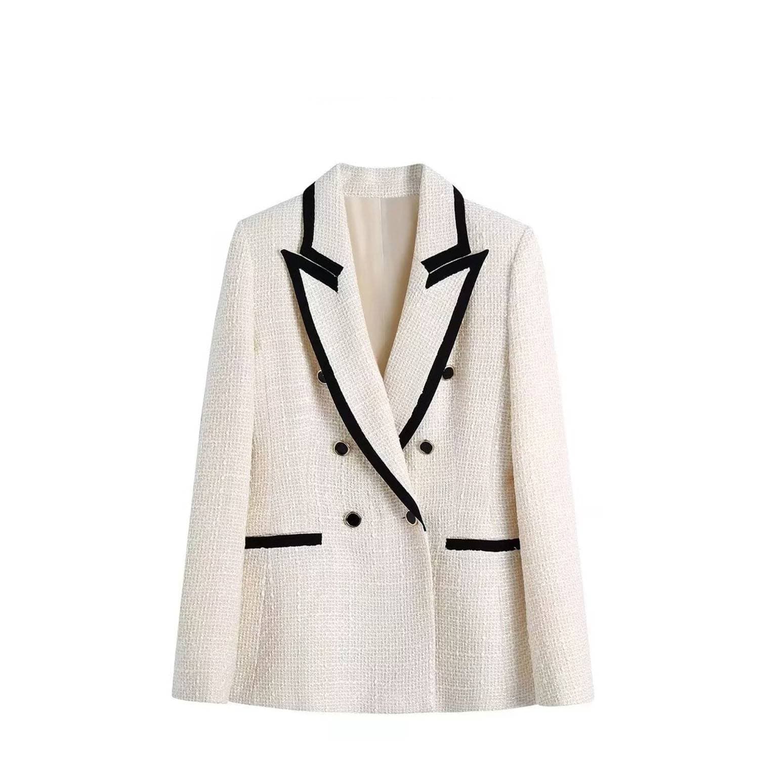 Women's Clothing Women's Contrast-Trim Blazer – Oversized Double-Breasted Wool-Look Jacket (White, S-L)