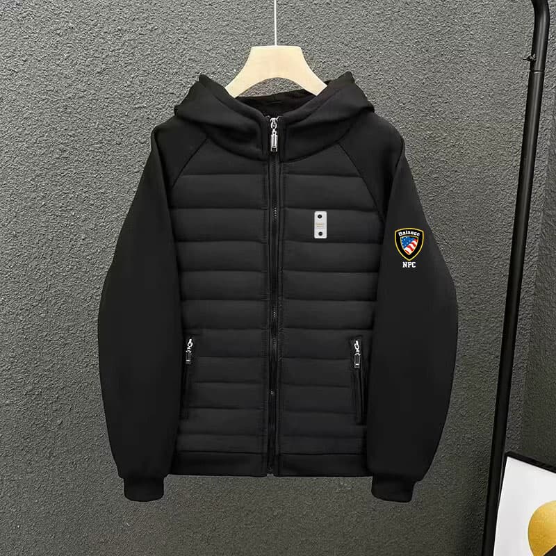 Men's Patchwork Puffer Jacket - Balance Logo Design, Streetwear Winter Coat With Quilted Detailing
