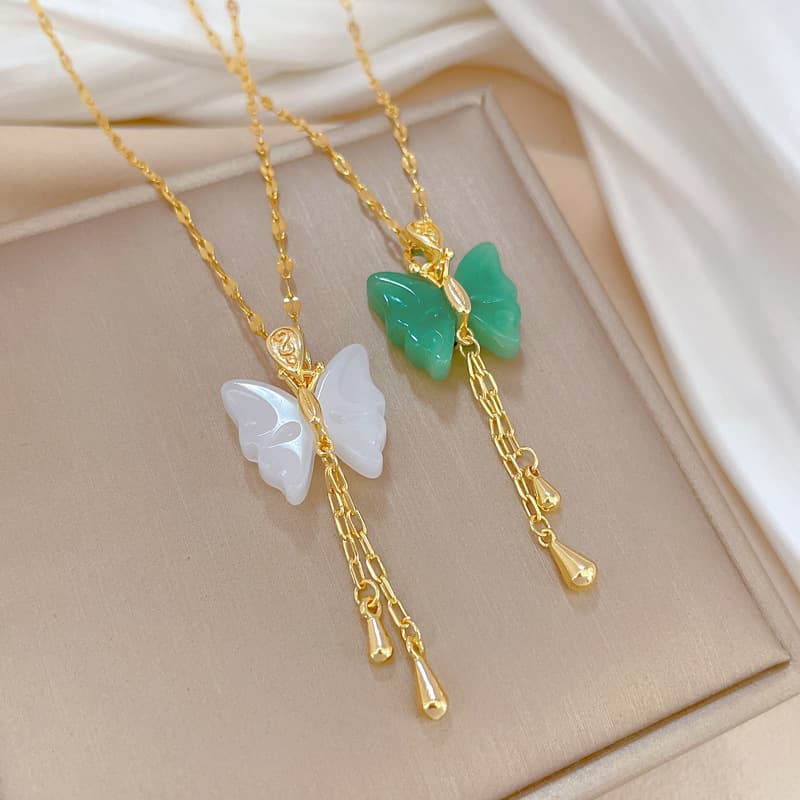 Stainless Steel Hetian Crystal Butterfly Necklace Woman Long Tassel Chokers Necklace Gifts For Women Fashion jewellery