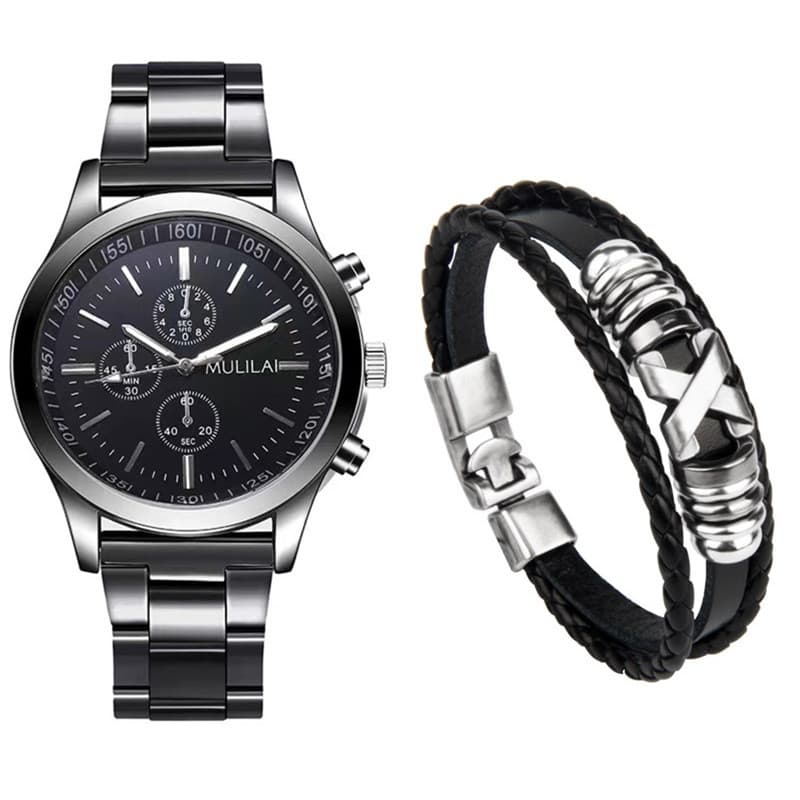 Men's Watches Men's New Steel Band Three Eye Watch Casual Business Two Piece Bracelet Set Men's Watch Gift Quartz Watch