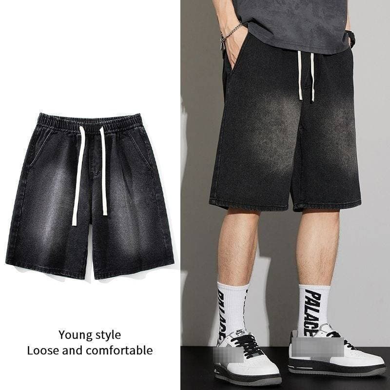 Men's Retro Trendy Denim Shorts Loose Fit Straight Leg Casual Summer Style Five Point Pants Versatile Wide Leg