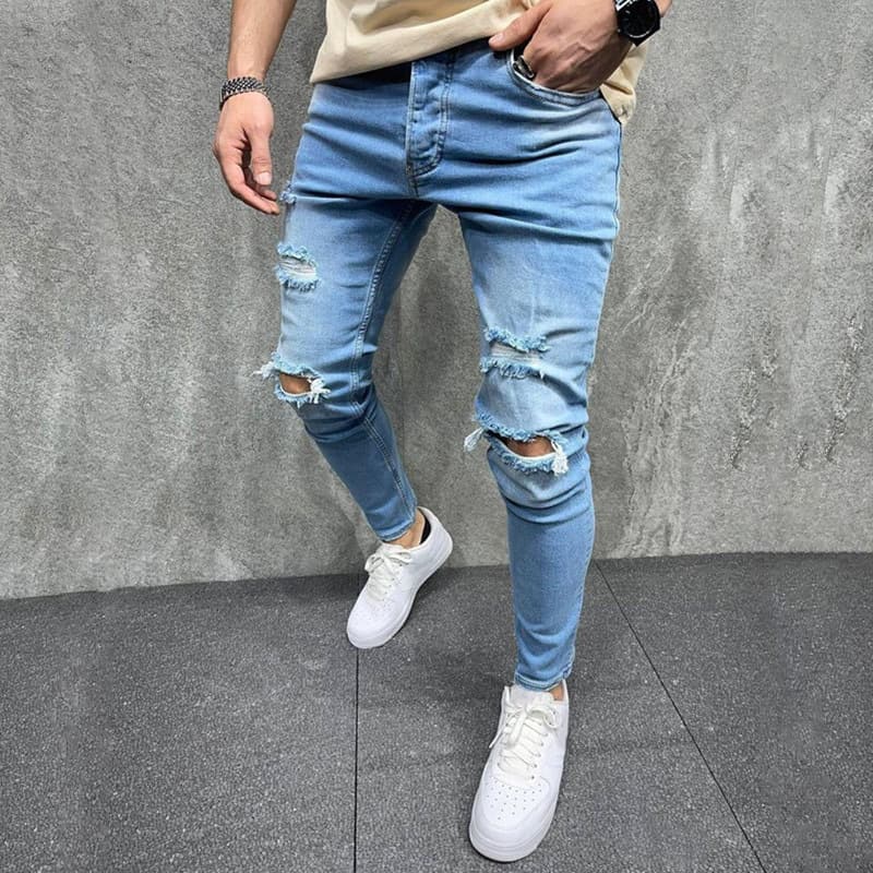 New Style Jeans Stretch Light Color Hole Slimming Men's Denim Trousers