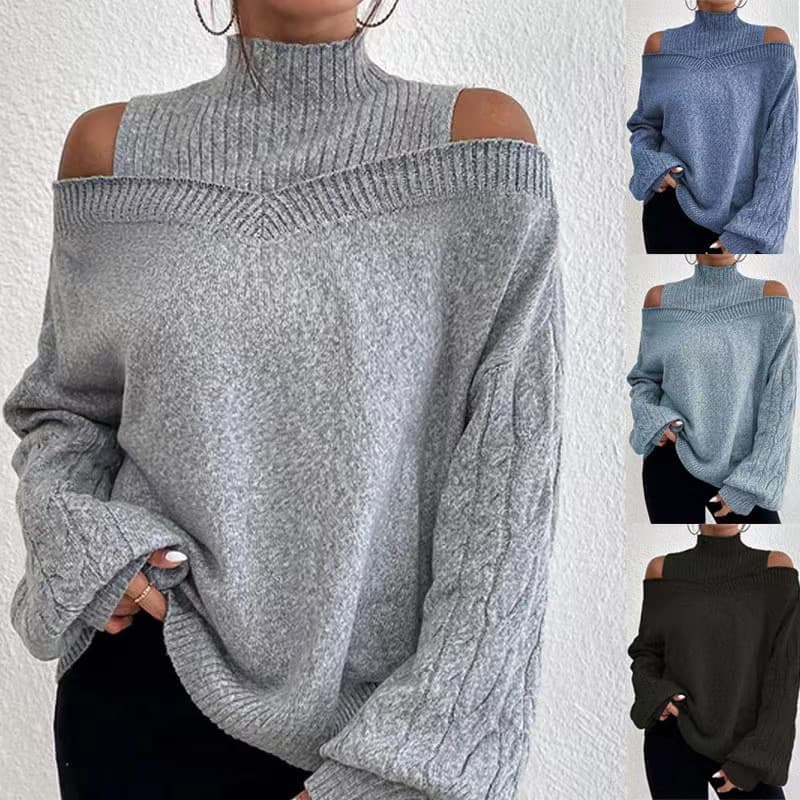 Women's Off-the-shoulder Half Turtleneck Sweater Loose And Large Knit