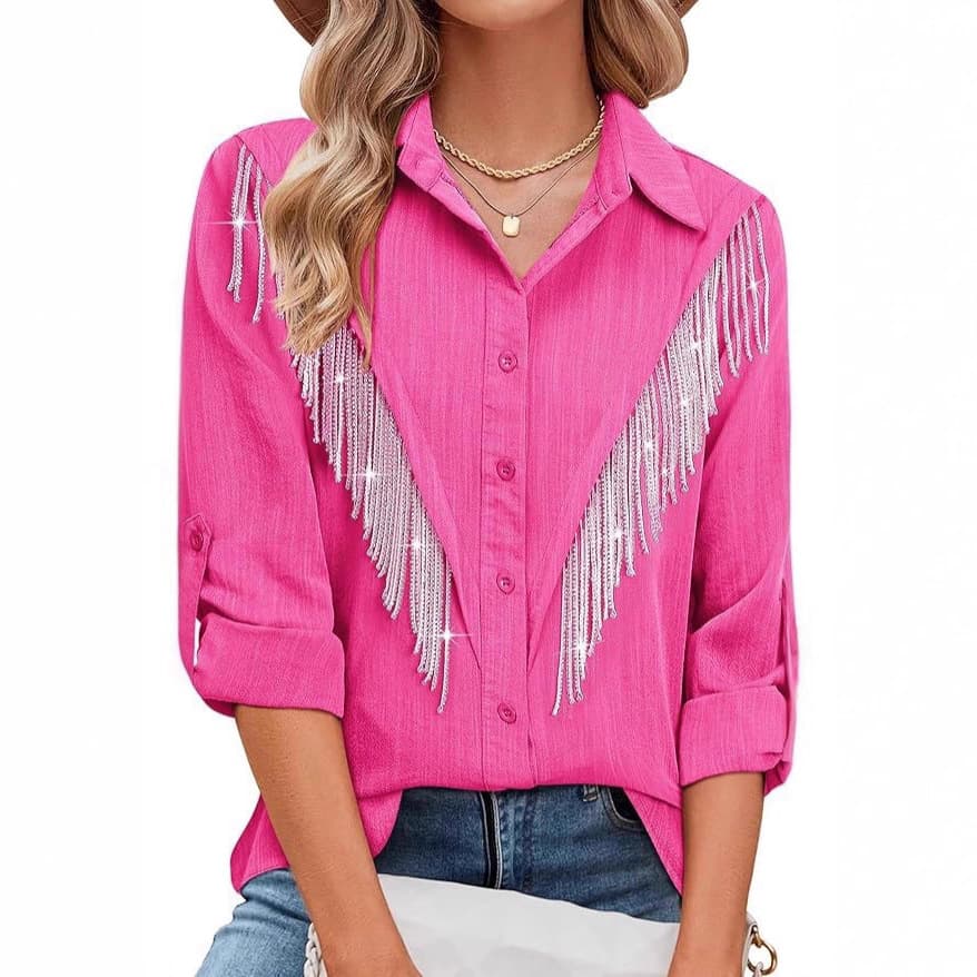 Elegant Fringe Detail Long Sleeve Shirt For Women – Stylish Solid Color Office & Casual Blouse With Classic Collar