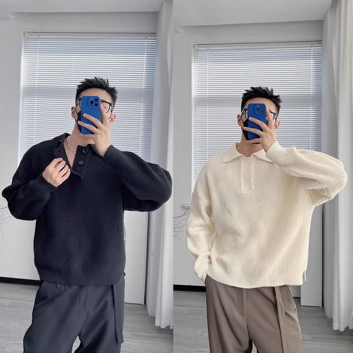 Men's Clothing Lazy style polo collar sweater men's loose oversize solid color lapel bottoming shirt men's jacket trend