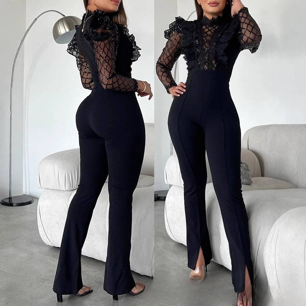Women’s Clothing New Black Sequin Mesh Lace Design Long Sleeve Tight Leg Slit Jumpsuit