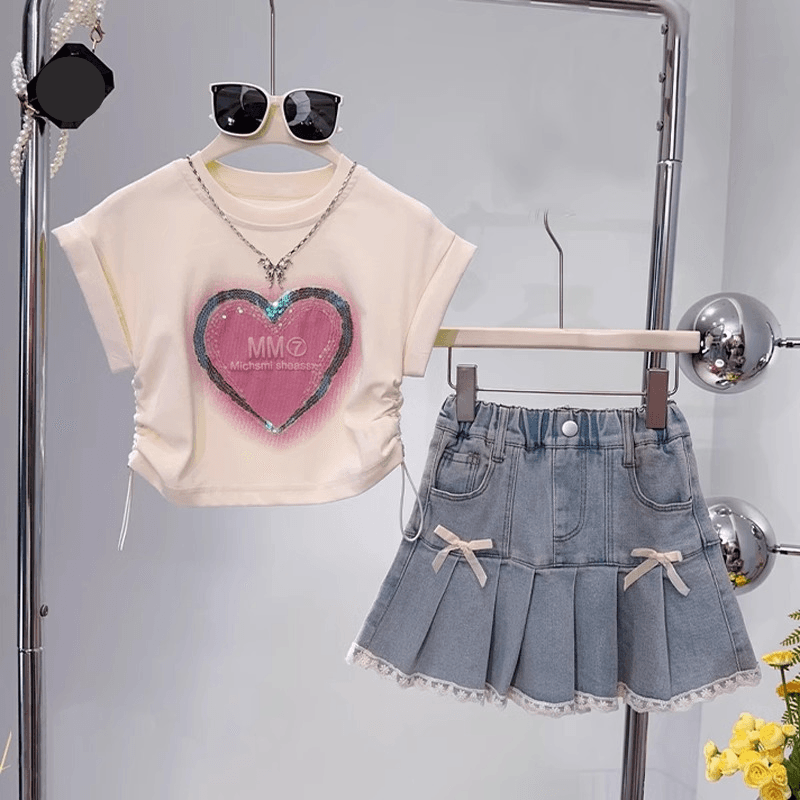 Kid's Clothing Summer girl suit baby stylish children's personality trendy love sequin T shirt lace denim skirt