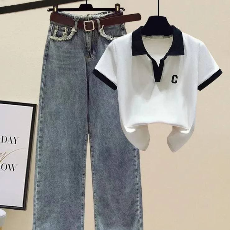 Women's Clothing Reducing Belly Covering Short Sleeved T Shirt For Women With High Waisted Denim Wide Leg Pants Two Piece Suit Ins