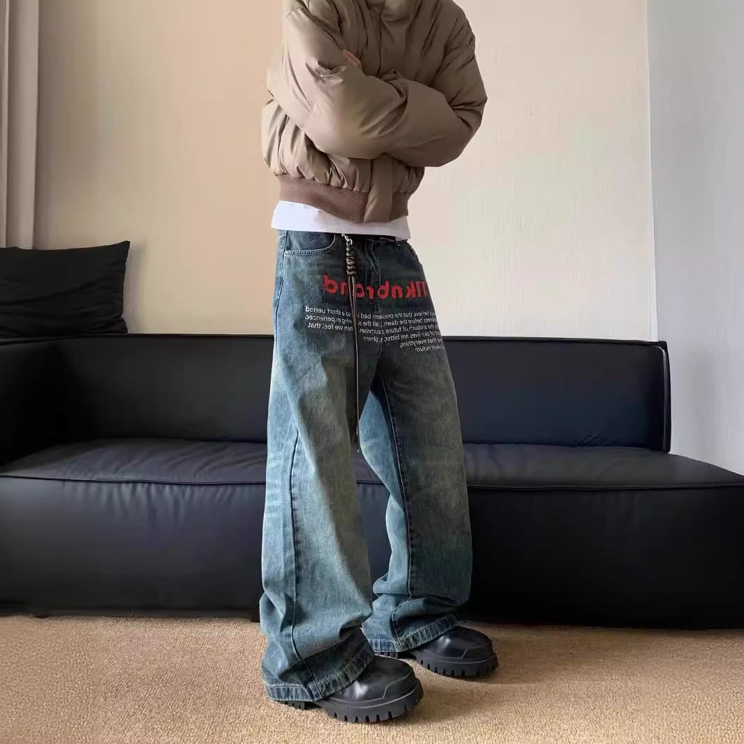 Men's Clothing Retro Washed Old Niche Printed Jeans Men's Spring New Loose Design Straight Pants