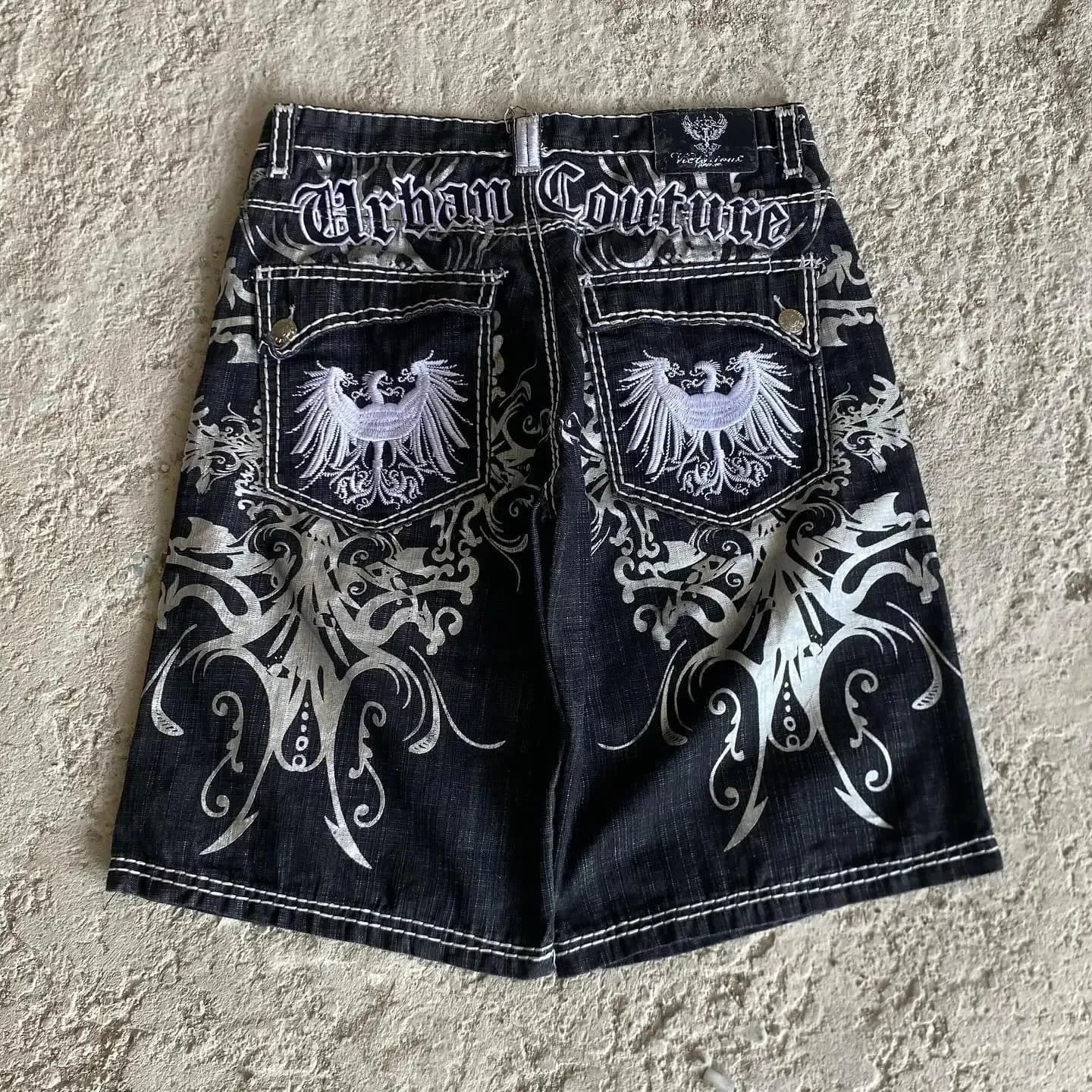 America Retro Gothic Pattern Embroidery Baggy Shorts Y2k Personality Print N Casual Denim Short Fashion Men Women Jorts