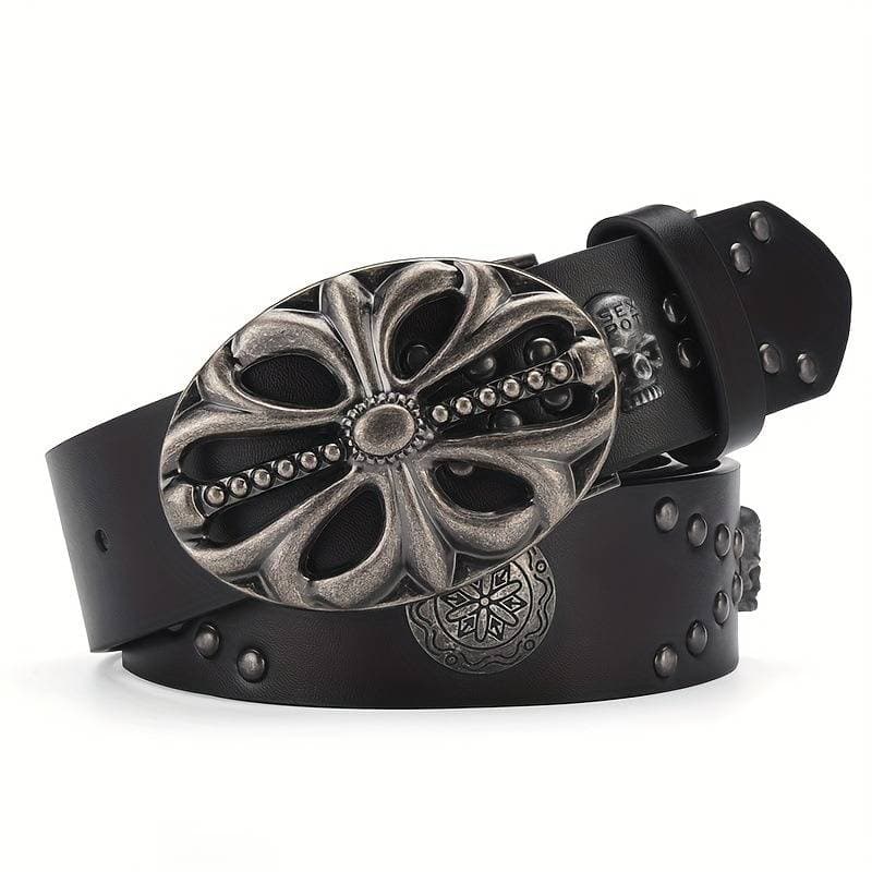 Boho Style Men's Belt Vintage Cowboy Punk Skull Rivet Black Belt for Men